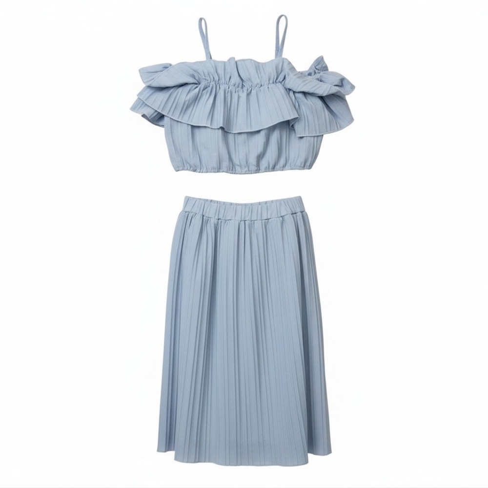 NEW! Shein Girls Set Light Blue Pleated Midi Skirt And Crop Top